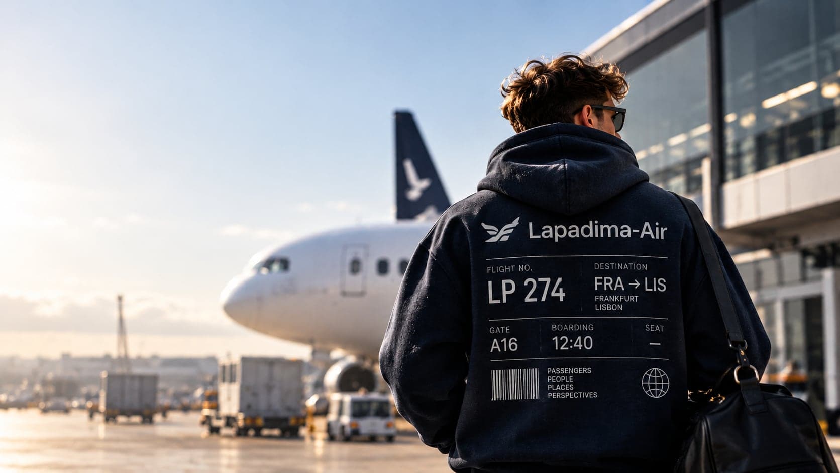 Person von hinten in einem dunklen Hoodie mit Boarding-Pass-Print „Lapadima-Air“, im Hintergrund ein Flugzeug am Gate